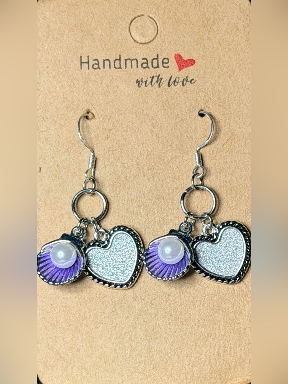 ✨Handmade✨ Silver Heart & Purple Shell Pearl Drop Earrings - Hypoallergenic